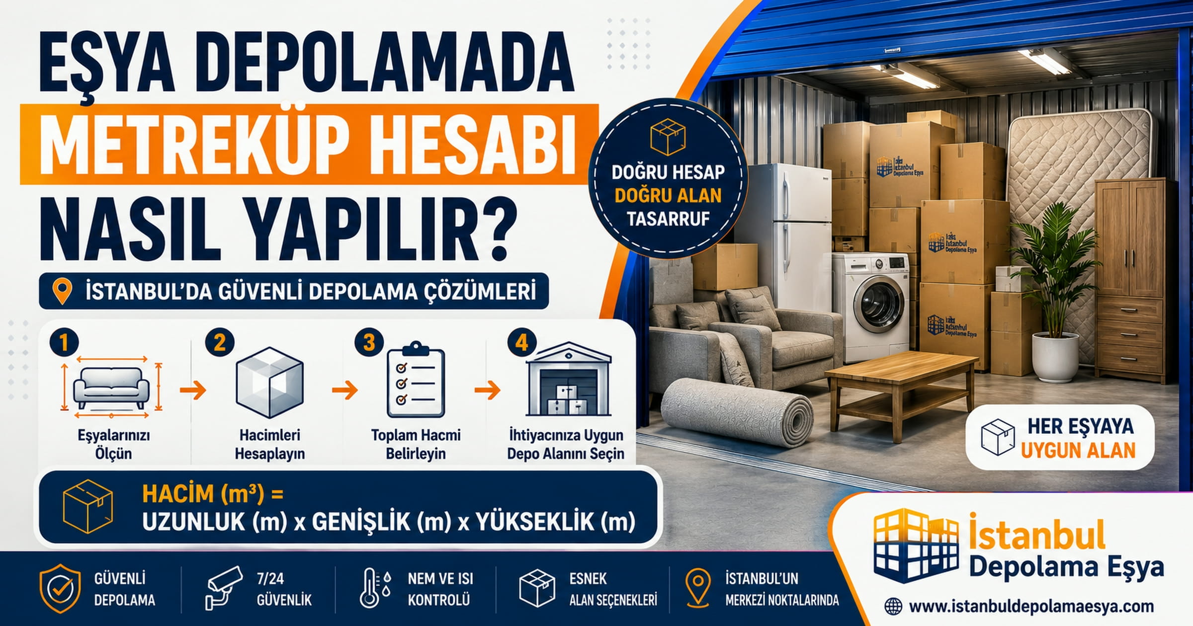 3+1 ev eşyalarıyla hazırlanan depolama alanında metreküp hesabı ve depo kapasitesi planlamasını gösteren İstanbul eşya depolama görseli.
