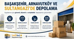 Başakşehir, Arnavutköy ve Sultangazi'de depolama hizmetlerini tanıtan güvenli depo alanları ve eşya depolama çözümlerini gösteren görsel