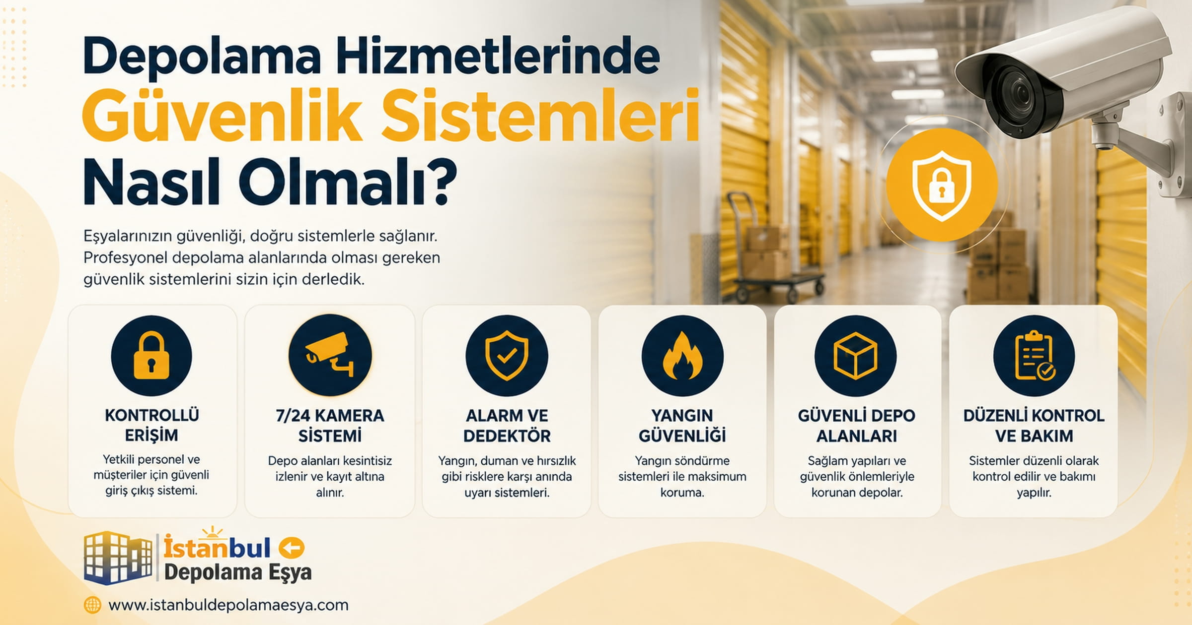 Depolama alanında kamera sistemi, kontrollü giriş noktası ve güvenlik altyapısını gösteren depo görüntüsü