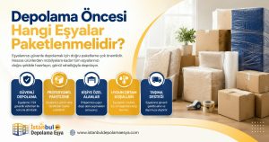 Depolama öncesinde paketlenmiş ev eşyalarının hazırlandığı düzenli depolama alanı